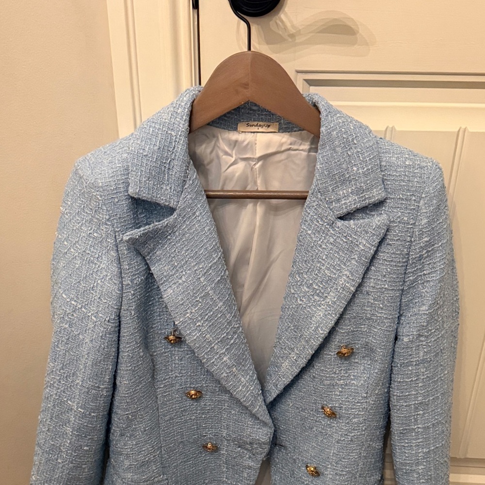 Elegant Light Blue Tweed Blazer with Gold Accents